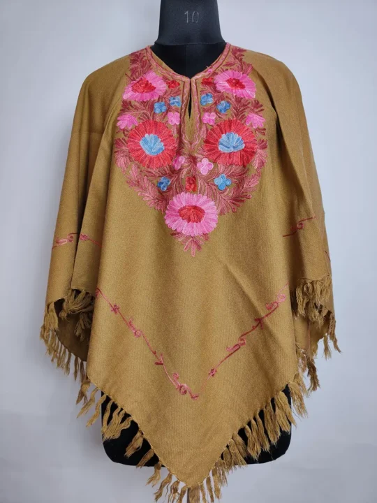 Light Brown Aari Work Poncho in Gousia Cashmilon Wool