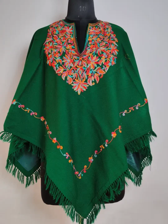 Dark Green Cashmilon Wool Zehra Poncho with Aari Work