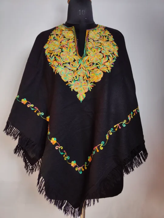 Black Cashmilon Wool Zehra Poncho with Aari Work