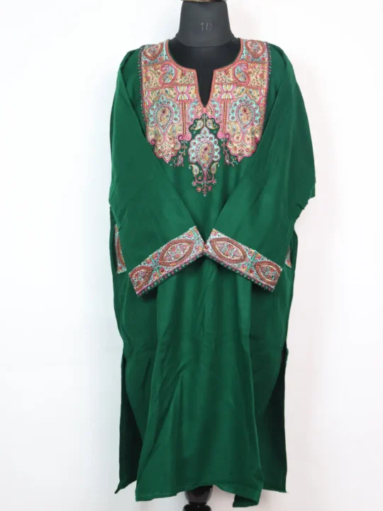 Rehana Cashmilon Wool Dark Green Pheran with Sozni Embroidery