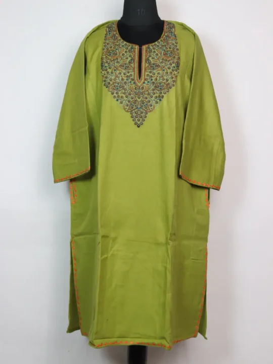 Lime Green Cashmilon Wool Pheran with Sozni Embroidery Nawal