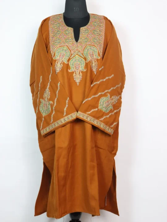 Cashmilon Wool Brown Hoor Pheran with Sozni Embroidery