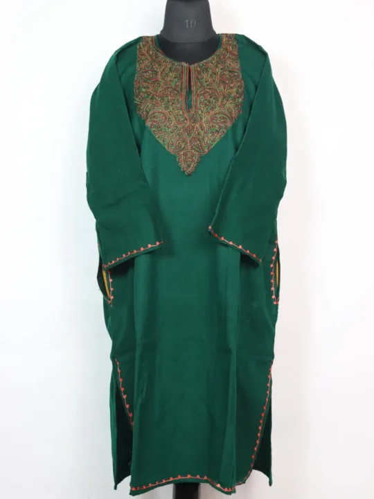 Dark Green Cashmilon Wool Saba Pheran with Sozni Embroidery