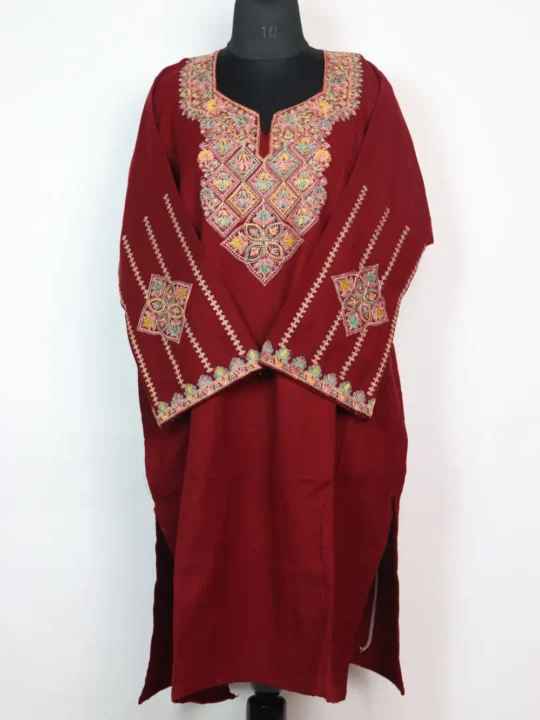 Maroon Cashmilon Wool Mehnoor Pheran with Sozni Embroidery