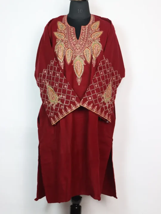 Maroon Cashmilon Wool Pheran with Fariha Sozni Embroidery