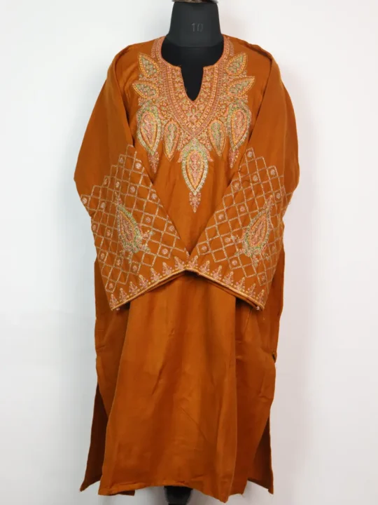Cashmilon Wool Brown Pheran with Sozni Embroidery