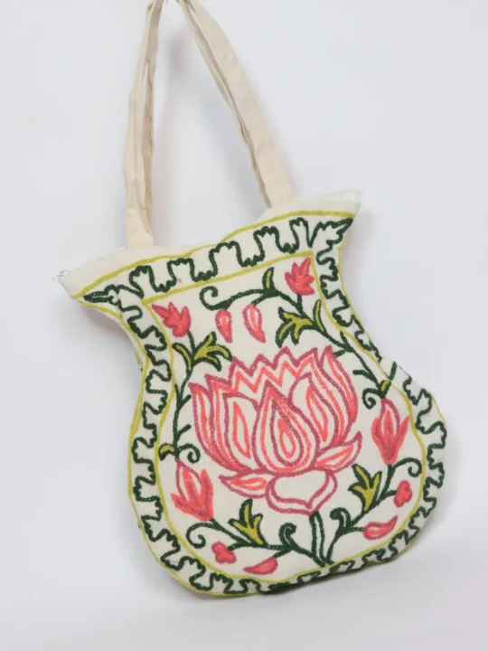 Cotton Handbag with Hand Crewel Embroidery from Kashmir