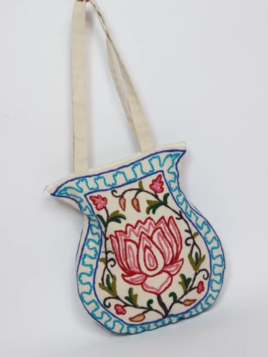 Cotton Handbag with Hand Crewel Embroidery from Kashmir
