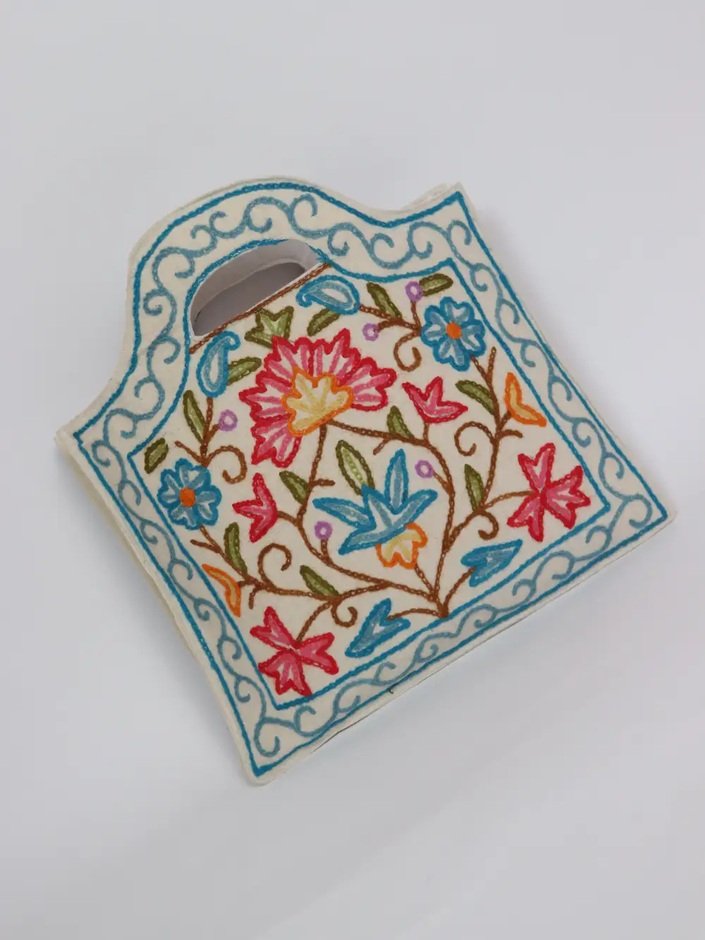 White Kashmiri Cotton Handbag with Hand Crewel Embroidery