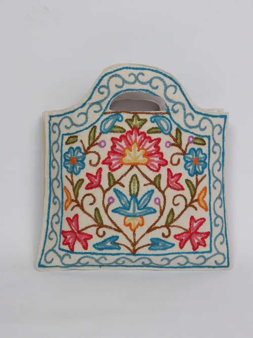 White Kashmiri Cotton Handbag with Hand Crewel Embroidery - Image 3