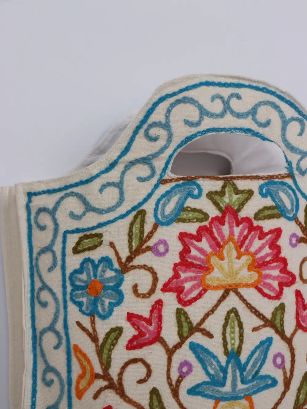 White Kashmiri Cotton Handbag with Hand Crewel Embroidery - Image 2