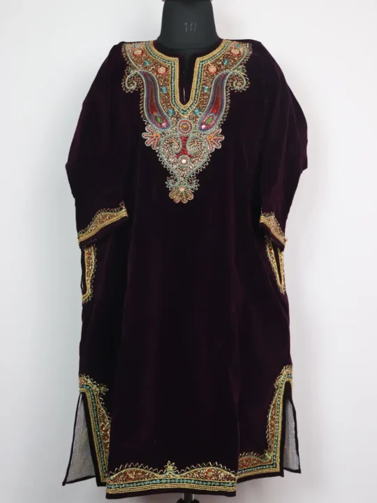 Wine Kashmiri Velvet Pheran with Dabka Embroidery Norain
