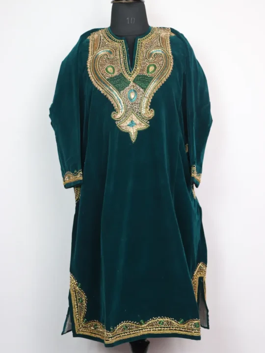 Nazakat Kashmiri Velvet Sea Green Pheran with Dabka Embroidery