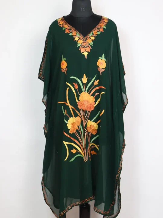 Kashmiri Georgette Dark Green Kaftan with Norain Aari Work