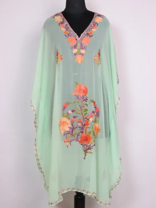 Kashmiri Sea Green Hoor Georgette Kaftan with Aari Work