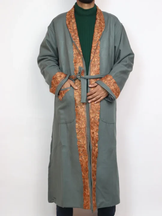 Grey Tweed Gown | Bathrobe Hand Aari Embroidered in Cashmilon Wool