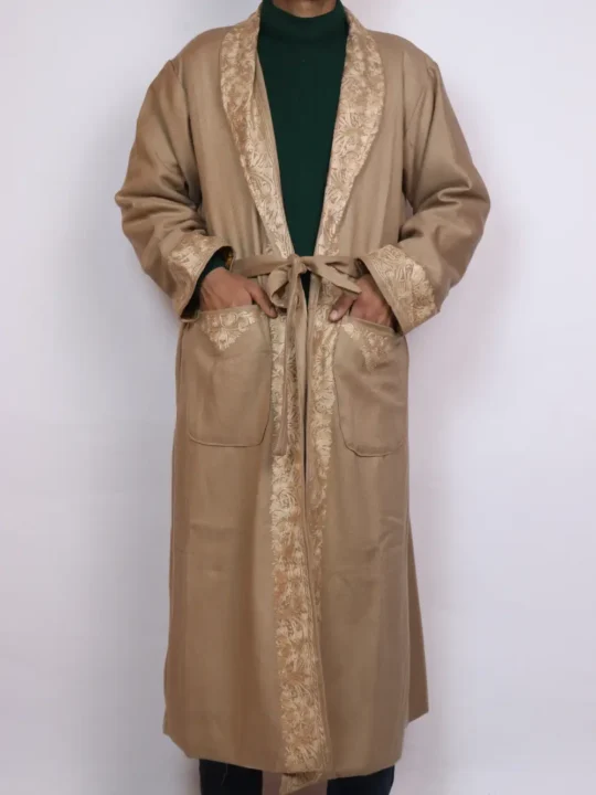 Gown | Bathrobe Beige Aari Embroidered in Cashmilon Wool