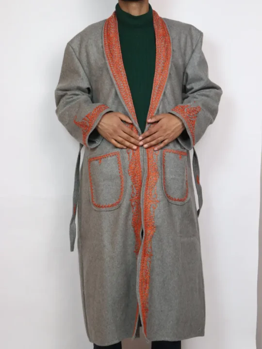 Kashmiri Grey Tweed Gown | Bathrobe Hand Aari Embroidered