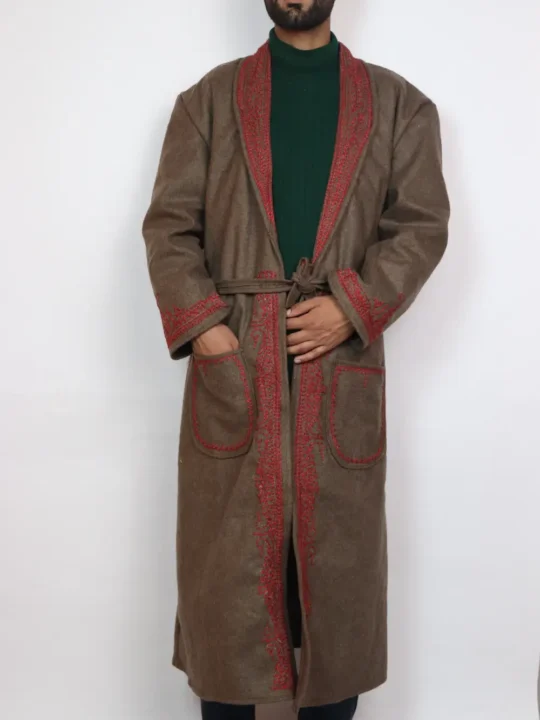 Kashmiri Aari Embroidered Tweed Gown | Bathrobe in Chocolate Brown Tweed Wool