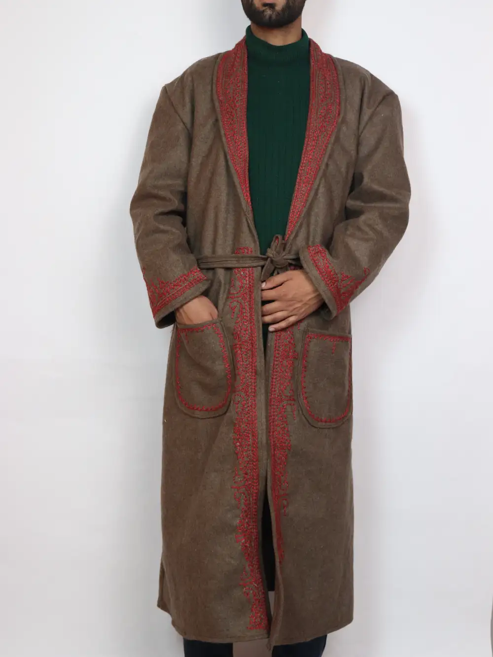 Kashmiri Aari Embroidered Tweed Gown | Bathrobe in Chocolate Brown Tweed Wool