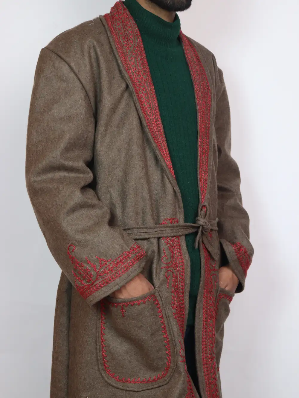 Kashmiri Aari Embroidered Tweed Gown | Bathrobe in Chocolate Brown Tweed Wool - Image 2