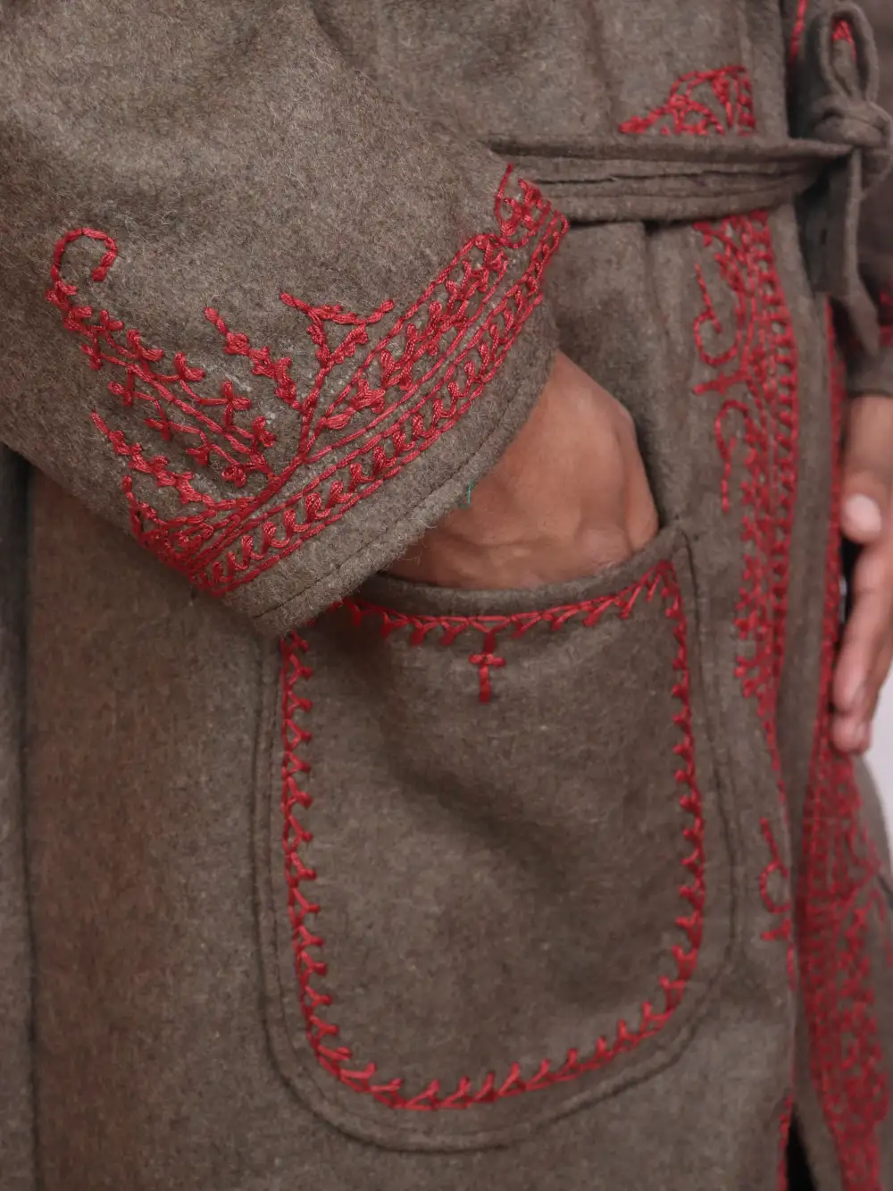 Kashmiri Aari Embroidered Tweed Gown | Bathrobe in Chocolate Brown Tweed Wool - Image 3