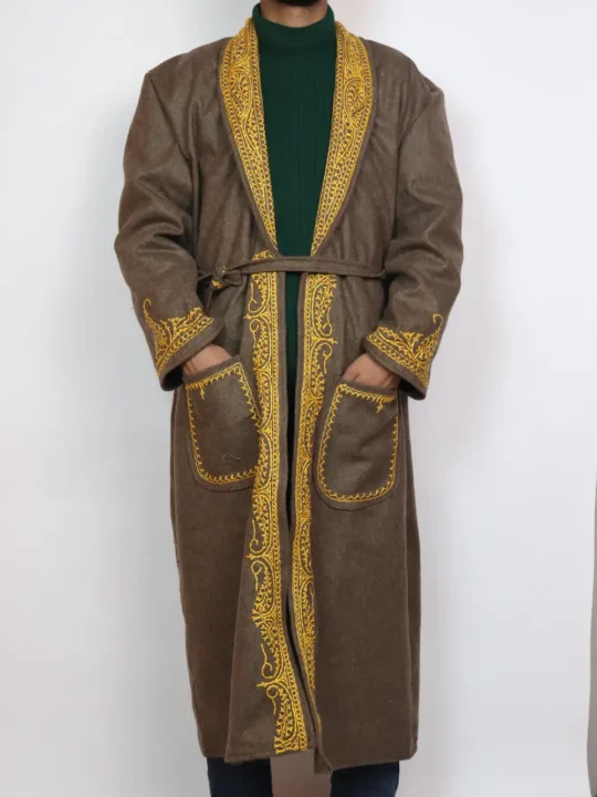 Brown Gown | Bathrobe Aari Embroidered in Tweed Wool