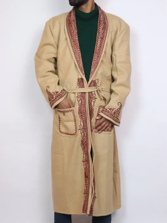 Bush Brown Gown | Bathrobe Aari Embroidered in Tweed Wool