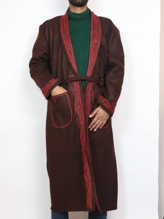 Dark Brown Gown | Bathrobe Aari Embroidered in Tweed Wool