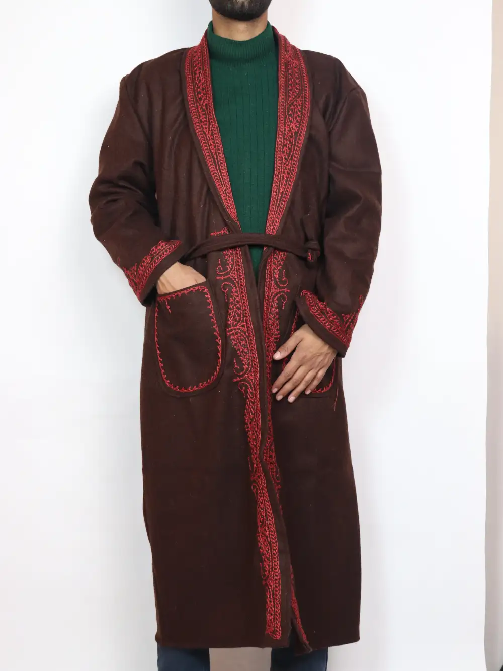 Dark Brown Gown | Bathrobe Aari Embroidered in Tweed Wool