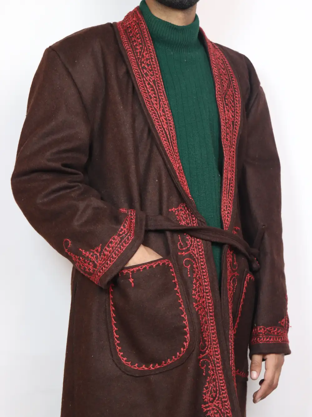 Dark Brown Gown | Bathrobe Aari Embroidered in Tweed Wool - Image 3