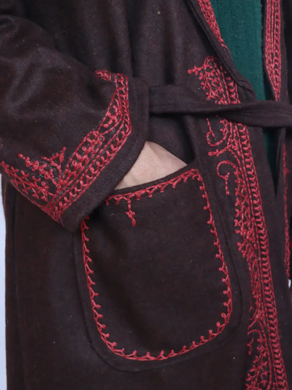 Dark Brown Gown | Bathrobe Aari Embroidered in Tweed Wool - Image 2