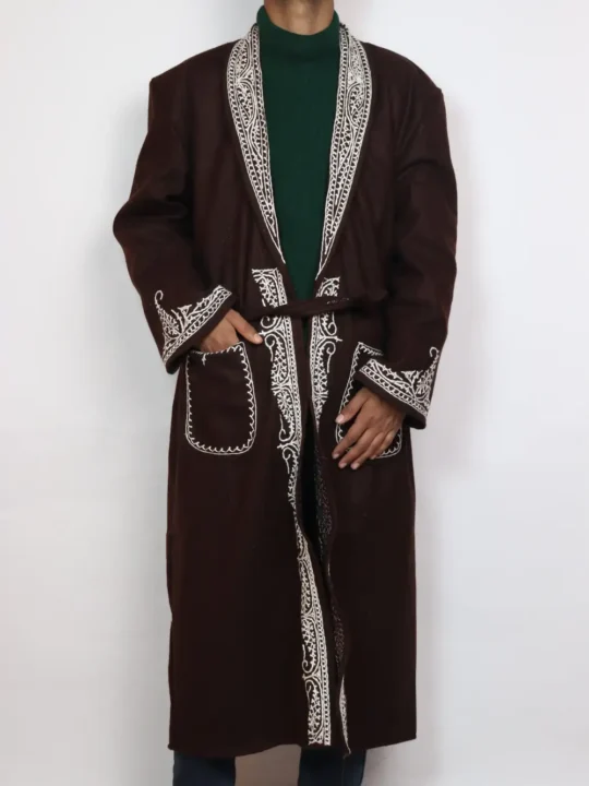 Gown | Bathrobe Aari Embroidered in Dark Green Tweed Wool