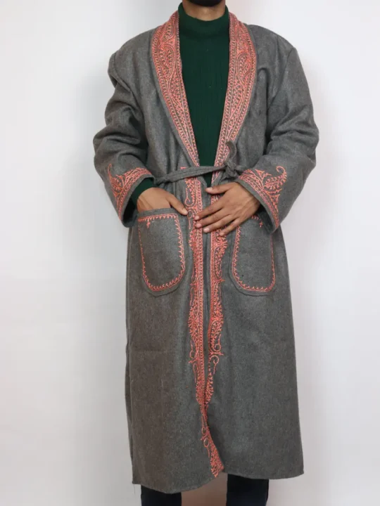 Grey Gown | Bathrobe Aari Embroidered in Tweed Wool