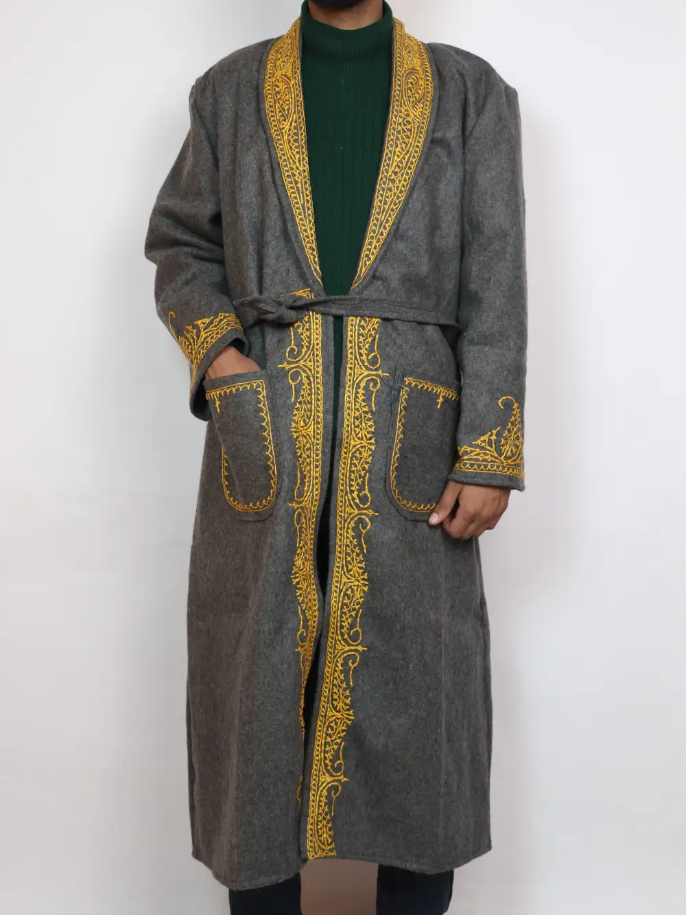 Kashmiri Grey Gown | Bathrobe Hand Aari Embroidered in Tweed Wool