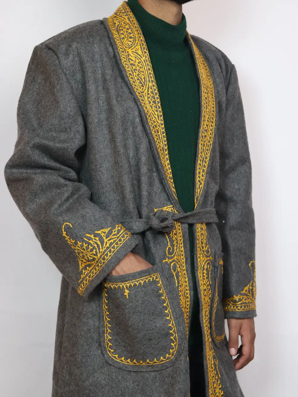 Kashmiri Grey Gown | Bathrobe Hand Aari Embroidered in Tweed Wool - Image 2