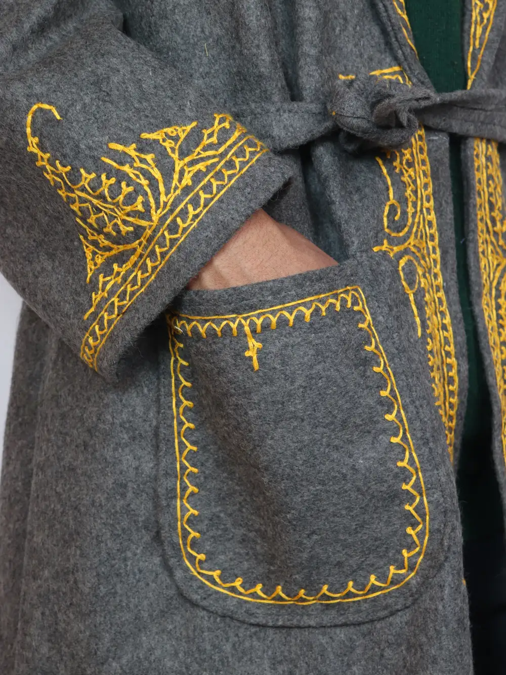 Kashmiri Grey Gown | Bathrobe Hand Aari Embroidered in Tweed Wool - Image 3
