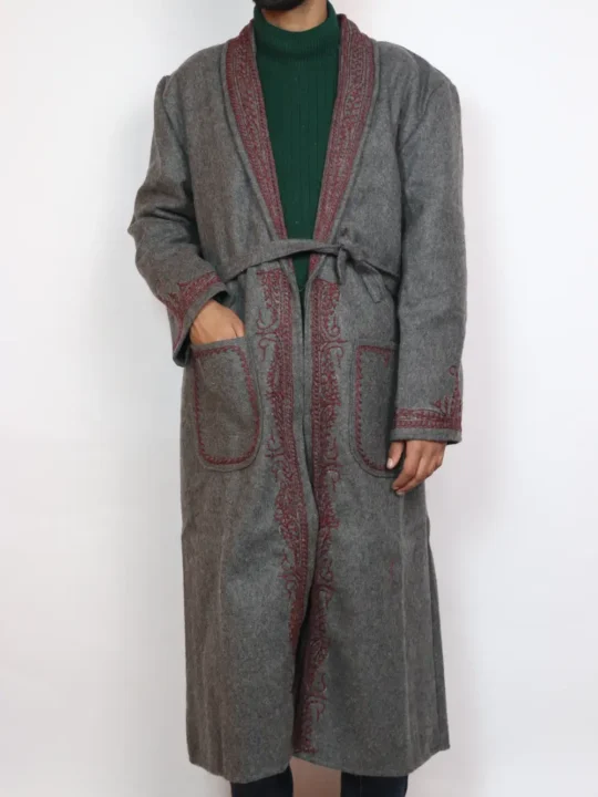 Kashmiri Tweed Wool Grey Gown | Bathrobe with Hand Aari Embroidery