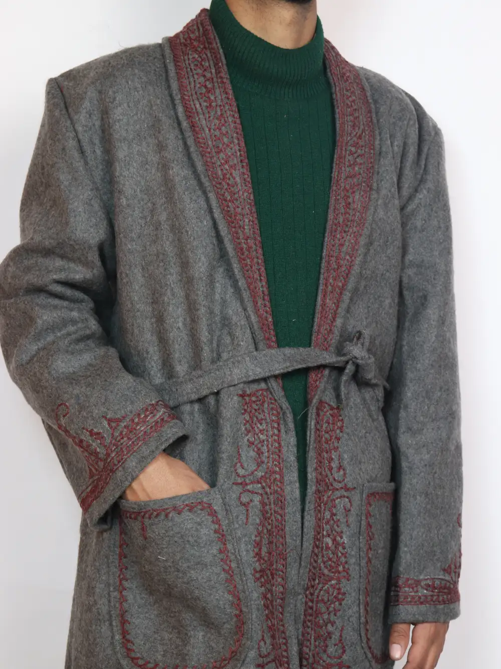 Kashmiri Tweed Wool Grey Gown | Bathrobe with Hand Aari Embroidery - Image 2