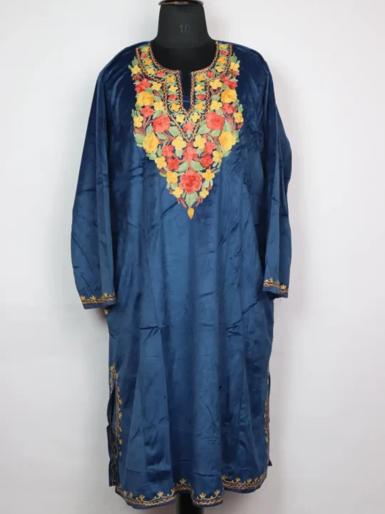 Kashmiri Zareesha Aari Work Loose Pheran in Blue Velvet