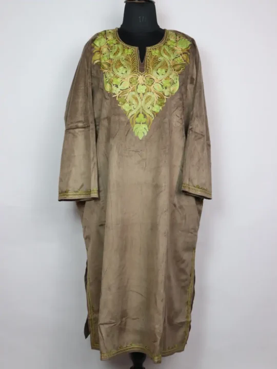 Brown Kashmiri Nazak Aari Work Loose Pheran in Velvet