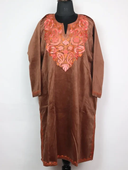 Kashmiri Rehba Brown Aari Work Loose Pheran in Velvet