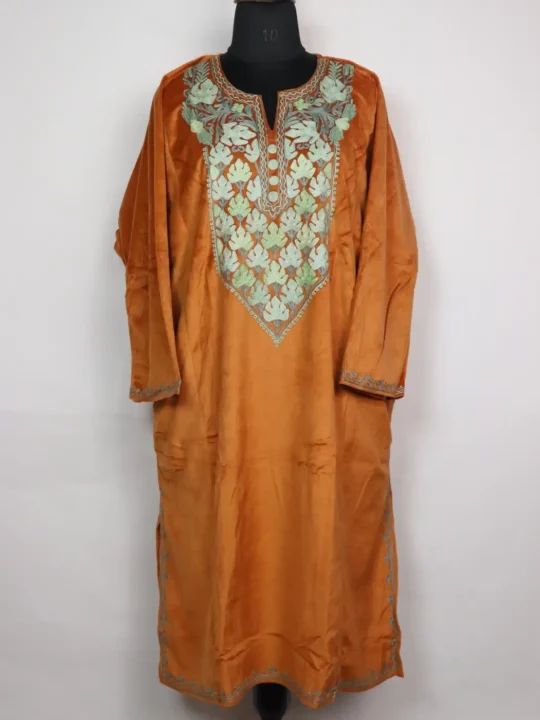 Kashmiri Mishal Orange Aari Work Loose Pheran in Velvet