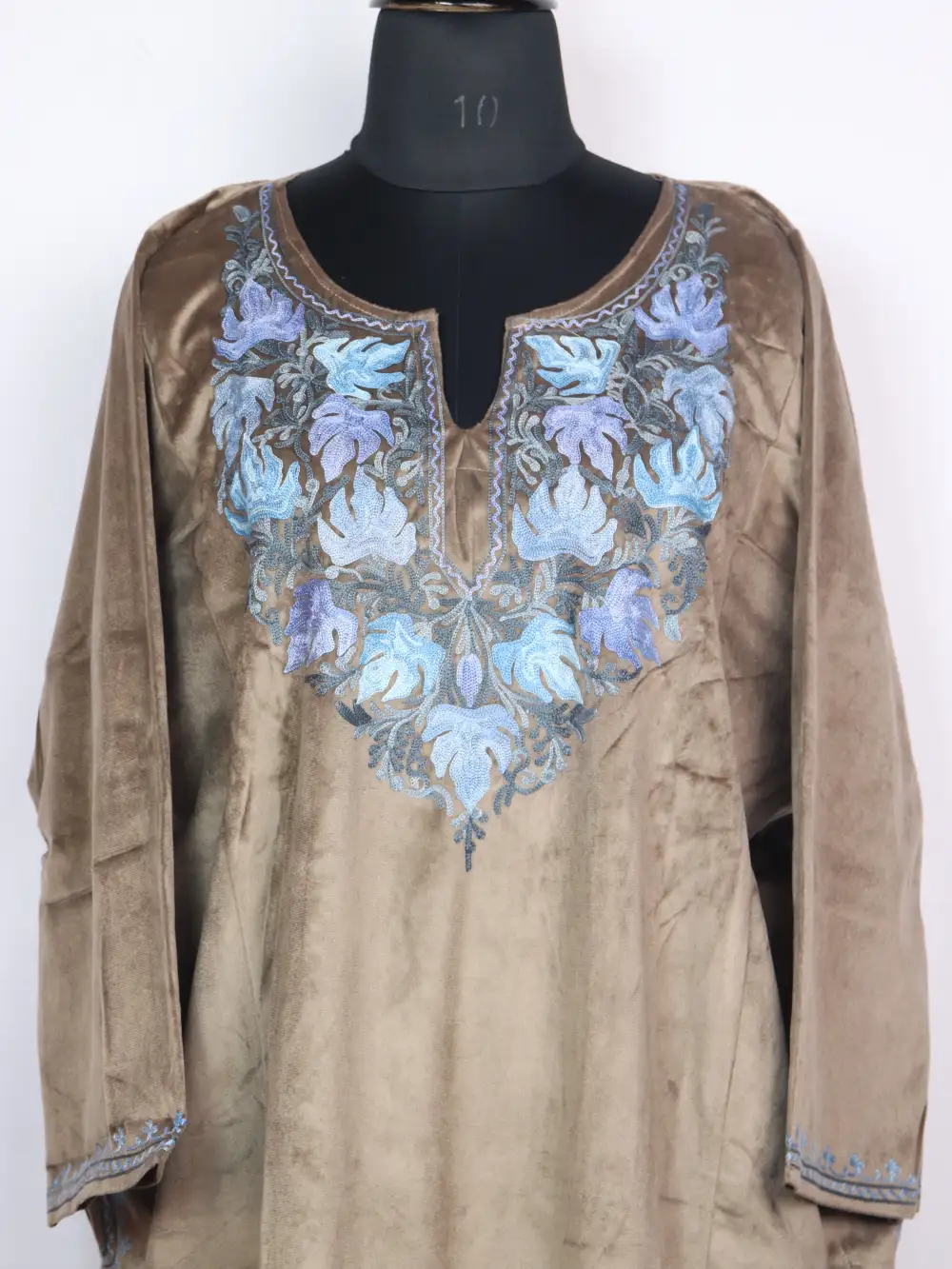 Kashmiri Husn Aari Work Loose Brown Pheran in Velvet - Image 2