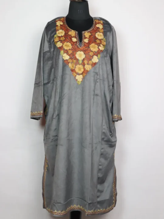 Grey Kashmiri Aari Work Loose Pheran in Velvet Mariya