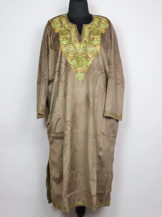 Kashmiri Aari Work Brown Loose Pheran in Velvet Saika