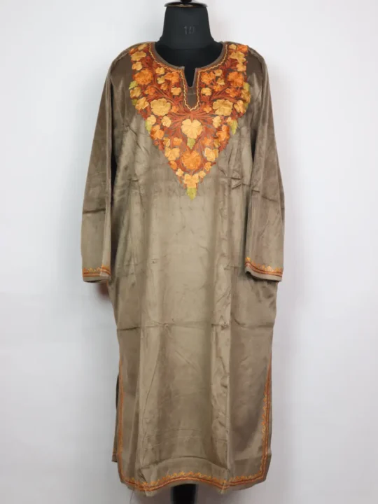 Brown Kashmiri Aari Work Loose Pheran in Velvet Zareen