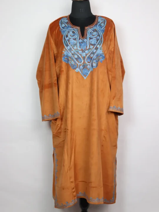 Orange Kashmiri Aari Work Loose Pheran in Velvet Arwa