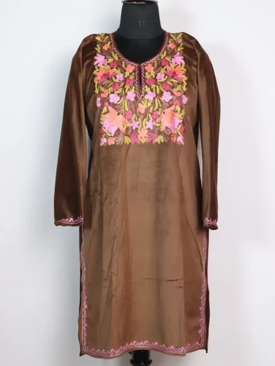 Velvet Long Nisha Brown Kurti in Aari Embroidery