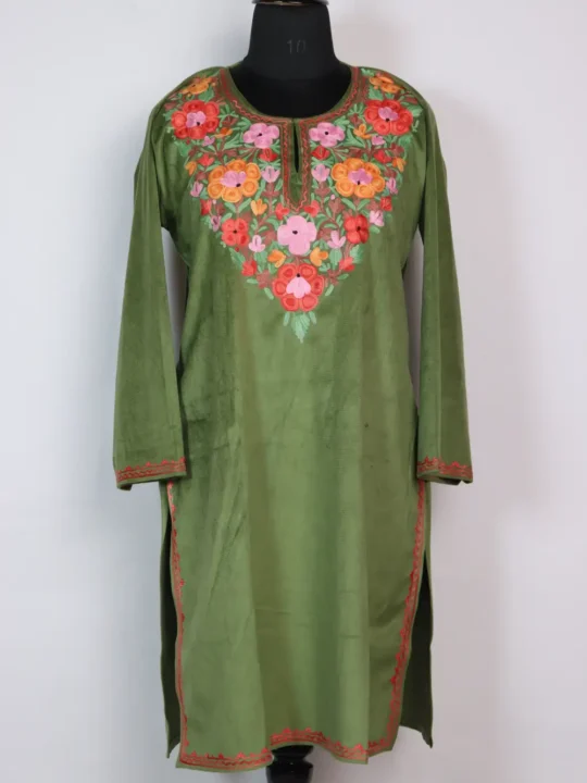 Velvet Long Green Kurti Haifa in Aari Work